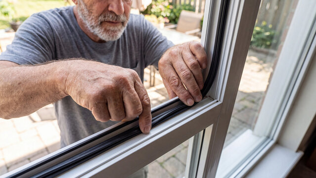 Mature man meticulously installs black rubber weather stripping seals into a white frame window to ensure energy efficient home insulation