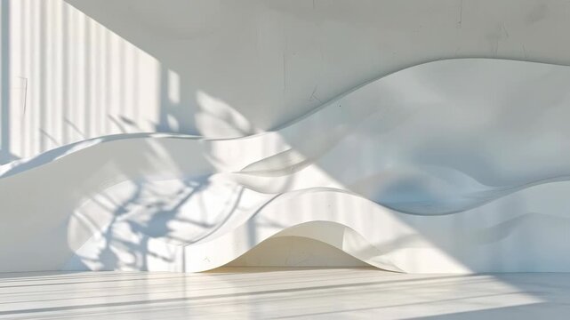 Abstract White Interior Flowing Wall Sculpture with Sunlight Shadow Wave Architecture Minimalist
