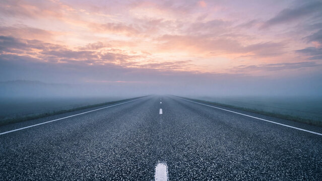 Asphalt road stretches toward a distant horizon under a soft pink pastel sky filled with thick morning fog and clouds