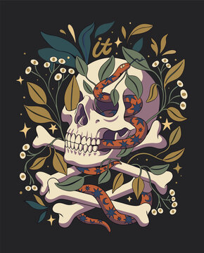 Mystical skull with snake bones leaves and celestial floral elements