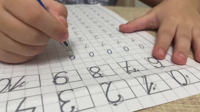 Extreme close up of child hand carefully tracing numbers with pen on practice copybook paper sheet at desk. High quality 4k footage