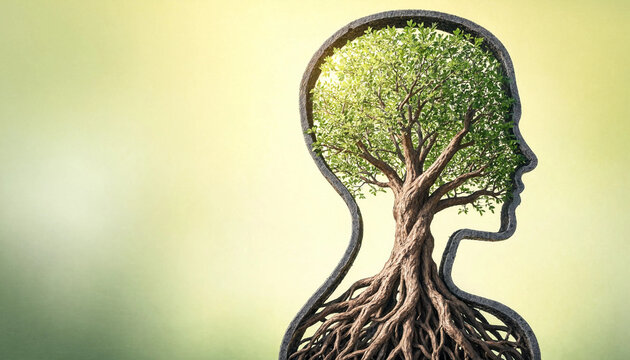 Human head silhouette with tree growing inside representing mental growth and nature connection concept