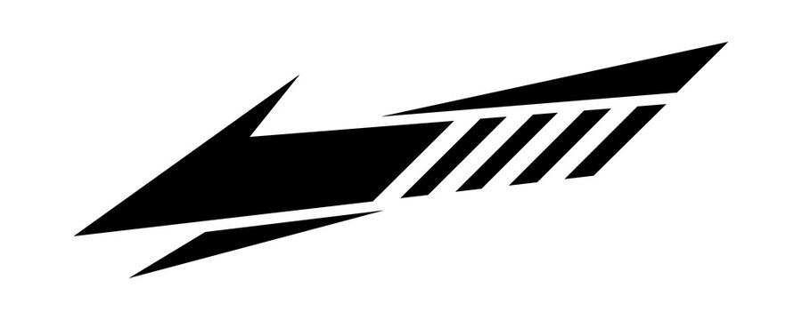 Futuristic black racing arrow decal with striped elements for vehicle vinyl graphic art on transparent background.