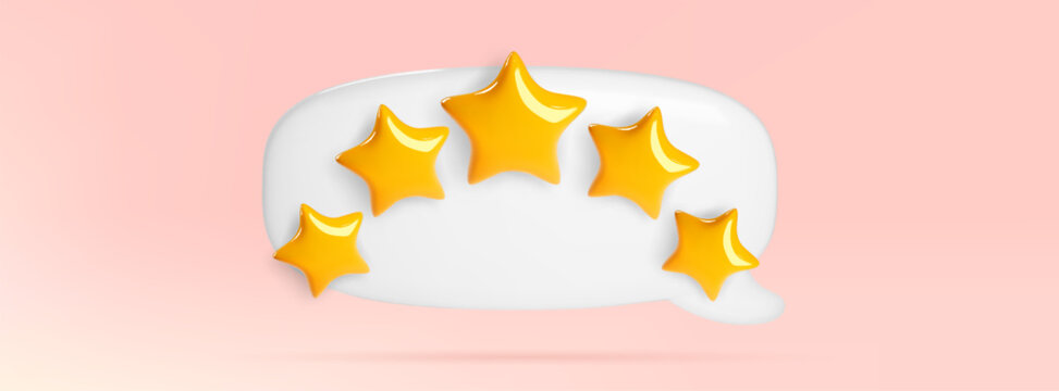 3D five star rating icon with white review bubble for customer feedback surveys. Vector satisfaction score sign with yellow stars, quality evaluation badge, hotel app or game ui in plastic style