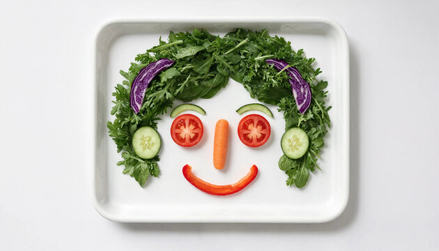 Happy face made from fresh vegetables on white plate concept for healthy eating and nutrition