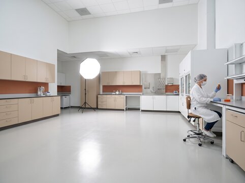 Female laboratory technician in protective gear examining medical samples in a modern pharmaceutical research lab