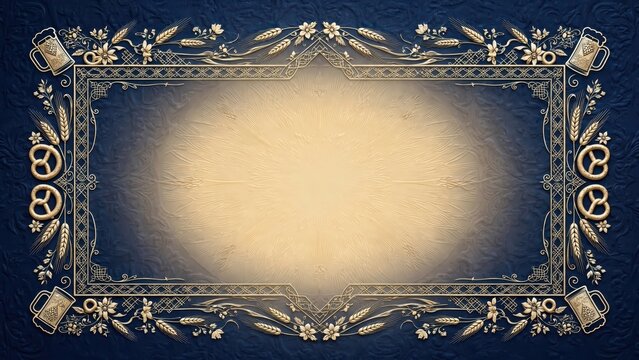 Festive blue and gold frame with wheat stalks and beer mugs for autumn celebrations