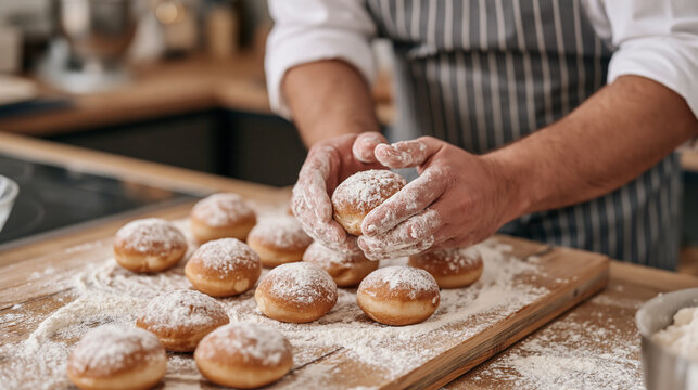 A Finnish baker dusted in flour arranges golden deep fried fritters on a rustic wooden board in a warm home kitchen on national fritters day, celebrating the December 2 food