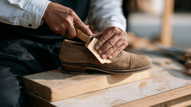 A cobbler burnishing and reheeling vintage men's oxford shoe, awl holes visible, leather piece trimmed to shape, shoe repair craft, sustainable footwear business, skilled trade