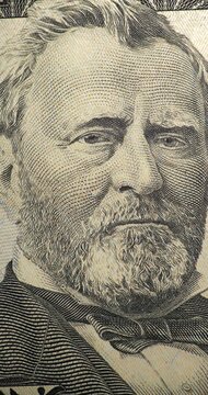 Ulysses Grant Portrait Stop Motion. Ulysses Grant portrait appears through changing 50 dollar bill views in stop motion. Detailed engraved banknote artwork gives animation historic character at 24fps.