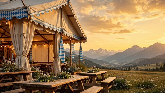Festive Bavarian tent with blue and white pattern and wooden picnic tables overlooking alpine mountains at sunset