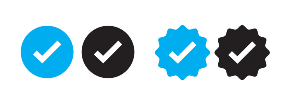 Verified check mark icon set, blue and black check symbols in circle and badge styles, approval, confirmation, verified, success and validation vector illustration