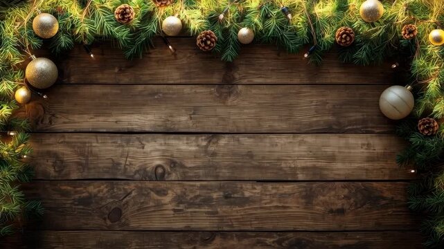 Rustic Christmas Garland Border on Wooden Background with Pine Cone Ornament and Warm Light
