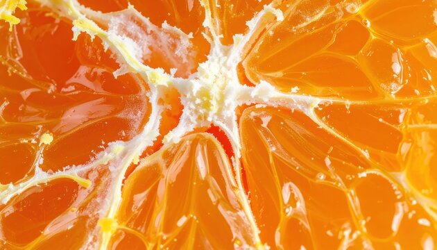 Extreme macro of juicy orange pulp and white pith.