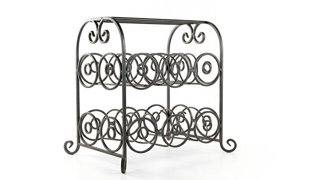 Decorative wrought iron wine bottle rack with two storage tiers on a white background