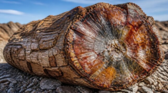 Cross-section of a petrified wood log showing crystalline quartz and chalcedony mineralization, fossilized growth rings, and textured bark lying in a desert badlands landscape.
