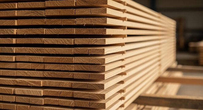 Neatly Stacked Lumber Planks Showing Natural Wood Grain Texture
