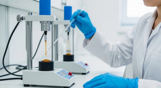 Scientist in blue gloves performs precise chemical experiment with laboratory equipment and dropper