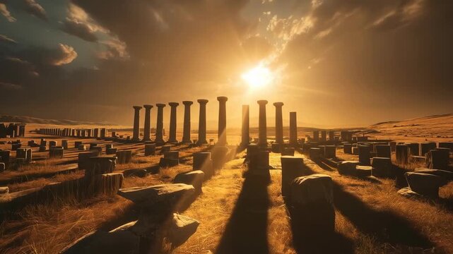 Ancient Ruin Column Under Sunset Light Across Archaeological Landscape Evoking History