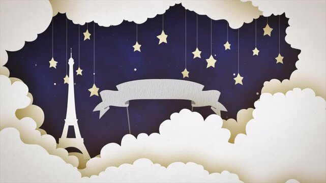 Paper craft animation of Paris Eiffel Tower at night with hanging stars and clouds.