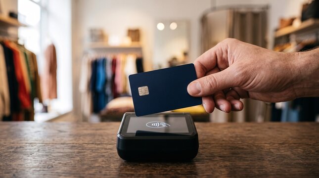 Making a contactless payment with a credit card at a terminal in a retail shop