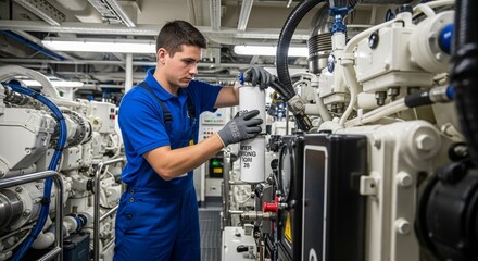 Fototapeta premium Skilled marine mechanic diligently changing a fuel filter on a large engine in a ship's engine room