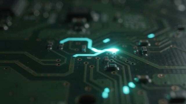 Single glowing light pulse traveling along a digital circuit trace on a dark PCB surface