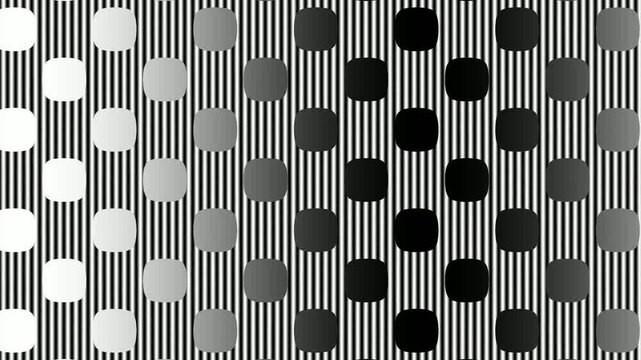 Optical Illusion Pattern with Black White and Gray Circles on Striped Background.