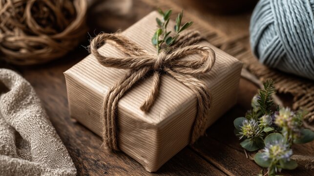 Gift box wrapped in kraft paper with rustic twine bow on wooden background
