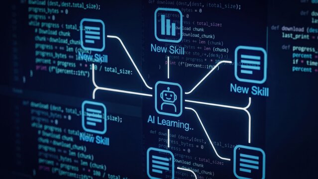 Artificial intelligence learning interface with robot and data flow diagrams