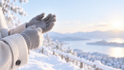雪景色の中で手袋をした手元を写した冬の防寒イメージ