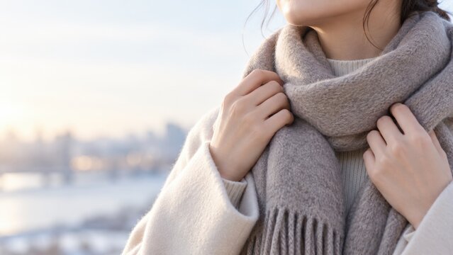 マフラーを巻いて寒さ対策をする女性の冬の防寒イメージ