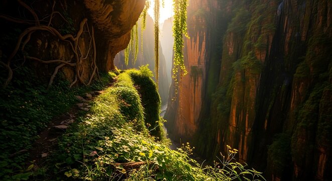 Narrow mountain path winding through lush tropical canyon with golden light
