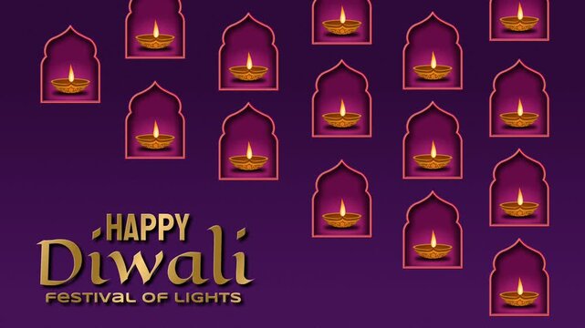4K Diwali video: 'HAPPY DIWALI' gold typography with pattern of glowing diya lamps inside arches on dark purple backdrop. Ideal for stage screens, event backdrops, digital ads, and promos.
