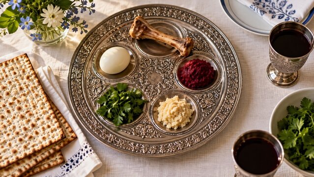 Jewish Passover Seder plate with ritual foods and matzah