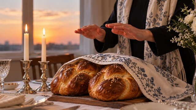 Jewish woman performing Shabbat blessing over challah bread