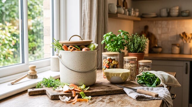 A ceramic compost bin with fresh kitchen scraps on a rustic wooden counter in a home kitchen