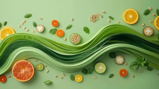Green Wave Citrus Fruit Herb Seed Arrangement, Fresh Vegetable Ribbon Abstract Background
