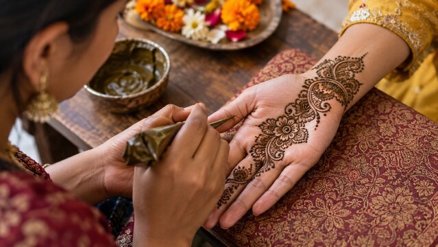Indian woman applying intricate henna design on hand for celebration