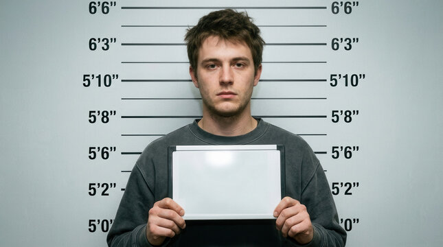 Mugshot Photo Of A Young Man Holding A Blank Sign Against A Height Chart