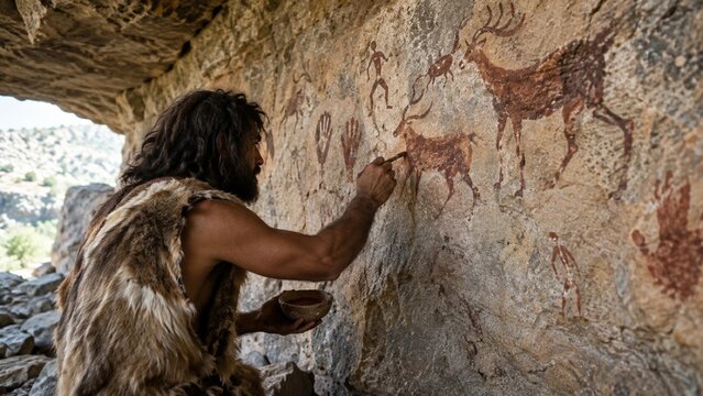 Prehistoric man painting ancient symbols on cave wall