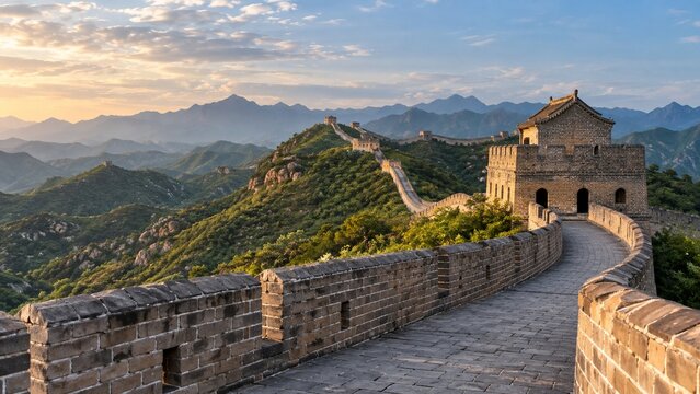 Ancient stone wall structure on a green mountain landscape at sunset
