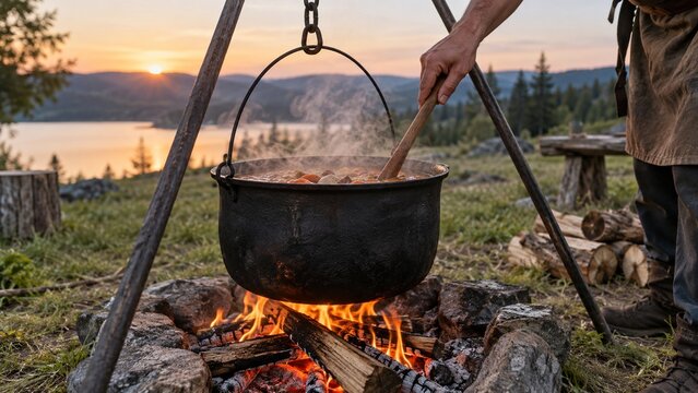 Outdoor cooking over bonfire with iron cauldron at sunset