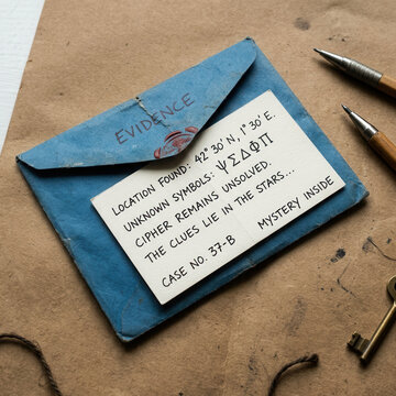 Mysterious Evidence Envelope With Cipher Clues And Vintage Key