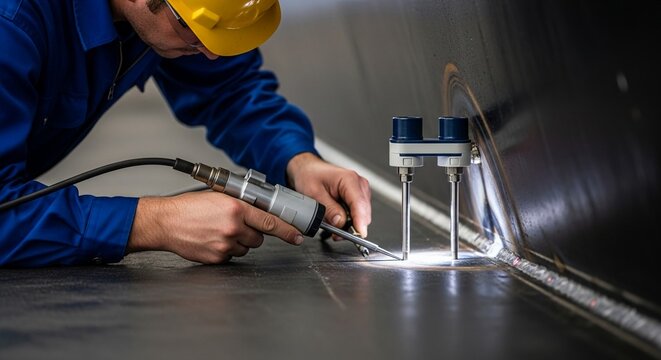 Skilled shipyard technician carefully inspects welding work on metal surfaces with specialized equipment in an industrial setting