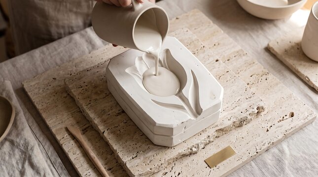 Pouring liquid ceramic clay into tulip flower plaster mold top view