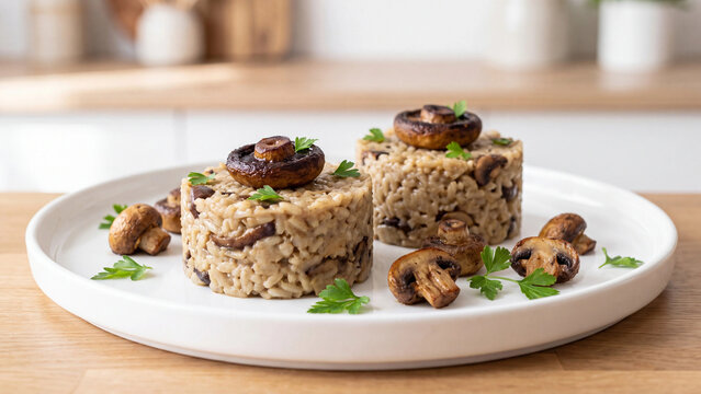 Creamy mushroom risotto shaped into perfect circular mounds with roasted vegetable toppings served on a minimalist white ceramic dinner plate