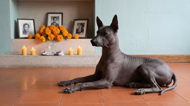 Xoloitzcuintli dog sitting before a traditional Day of the Dead altar with marigolds and lit candles. Mexican hairless dog in a cultural setting