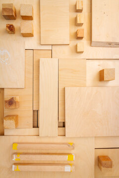 Flat lay of various wood and plywood pieces