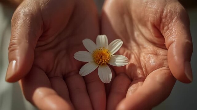 Open Hand Holding White Flower, Human Hand Expressing Care, Tenderness, Natural Beauty